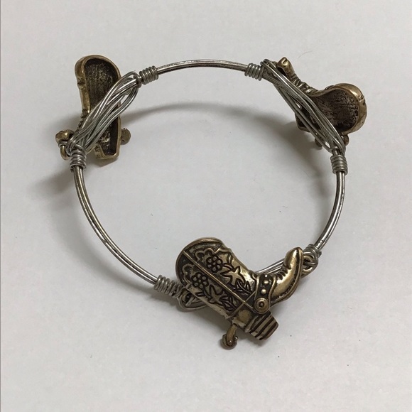 Western Bangle Bracelet Barbed Wire Look Cowboy Boot Charm Mixed Metal Boho NEW - Picture 4 of 6